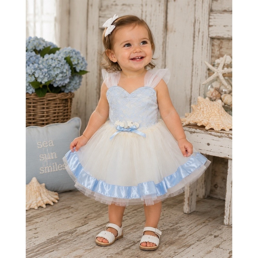 Toddler Girls Party Dress Blue Ivory Lace Tulle Fit‎ & Flare rhinestone 12-18M